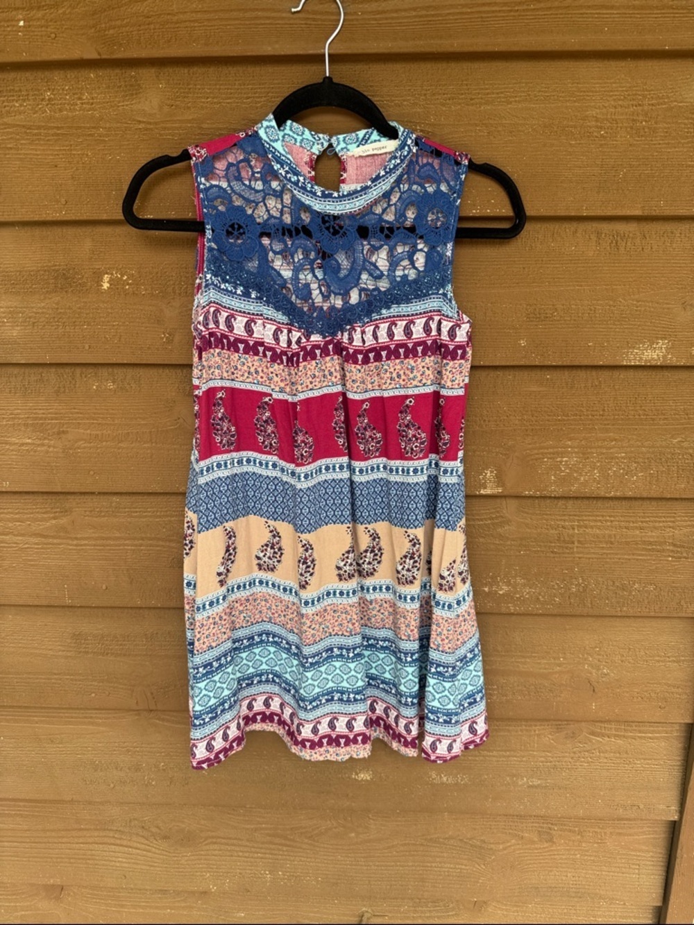 Blu Pepper Blue and Pink Patterned Crochet Yoke Top